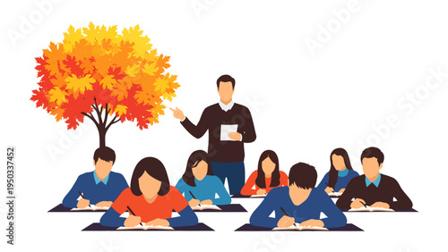 Education Under the Autumn Tree: A classroom setting comes alive with the warmth of autumn. A teacher guides the students amidst a tree of vibrant fall foliage.
