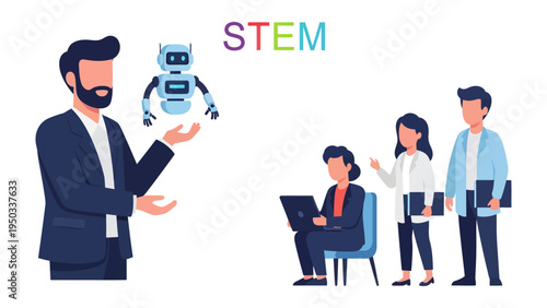 Innovation in Education: A vibrant illustration showcasing the convergence of education and technology. A teacher figure with a futuristic robot, inspiring a new generation of STEM learners.