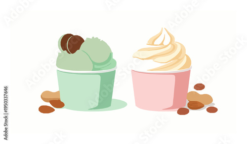 Mint and vanilla ice cream cups with cookies and nuts flat vector dessert illustration isolated on white background