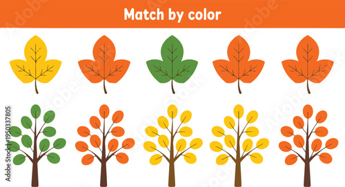 Autumn color matching game for preschool kids featuring fall trees and leaves educational worksheet activity for early learning.