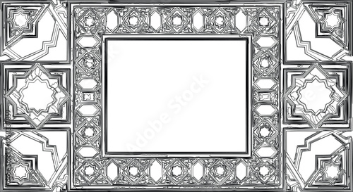 The image has an ornate rectangular frame, characterized by complex geometric designs, and is one of the most iconic pieces of art.