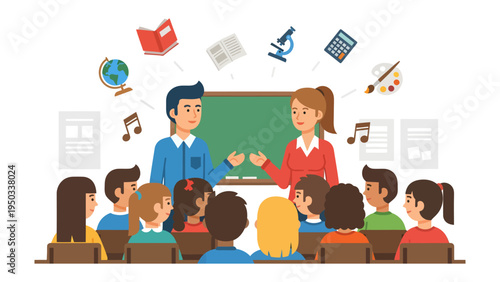 Classroom interaction: An animated illustration of two teachers in a classroom setting, sharing knowledge with eager students amidst educational symbols.