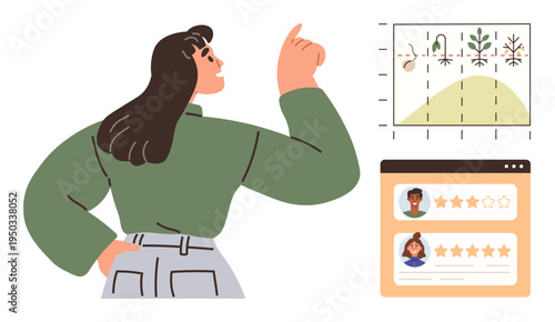 Data analytics, customer feedback, sustainable business, environmental research, market study, growth strategy. Woman pointing at botany chart and ratings dashboard. Data analytics and customer