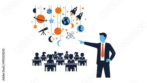 The cosmos within the classroom: An educator imparts knowledge on the cosmos to students, exploring the wonders of the universe in an educational illustration.