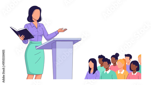 Lecturer's Insight: A captivating female lecturer passionately imparts knowledge, engaging a diverse audience with her words and presence. The scene evokes a sense of learning, exchange.