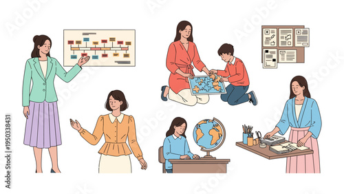 Teaching Moments: A Collection of illustrations depicting educators interacting with learners, highlighting the nurturing aspect of education.