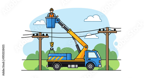 Electrician in Bucket Truck Repairing Power Lines on Utility Pole