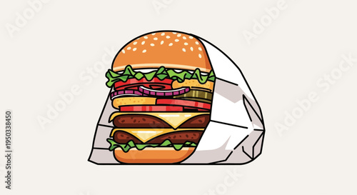 Double Cheeseburger with Toppings in Paper Wrap