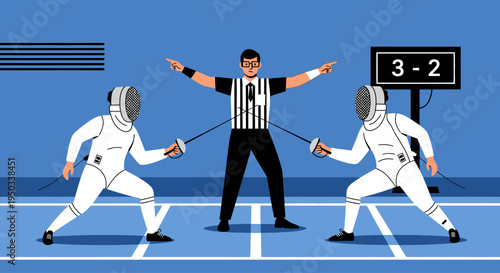 Fencing match with referee and score display, competitive sport illustration