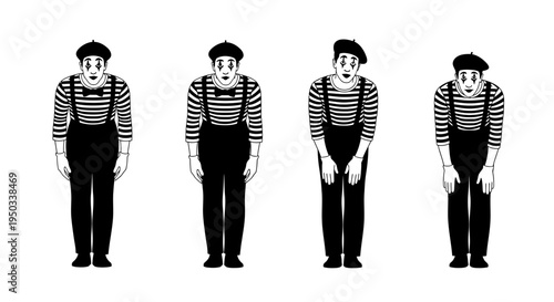 Four Mimes Performing Different Bowing Gestures in Sequence