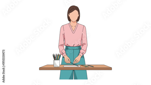 Creative Mind at Work: A woman, standing behind a wooden desk, engrossed in creative endeavors. Her attention is centered on the tools of her trade, pencil, pen and scissors.