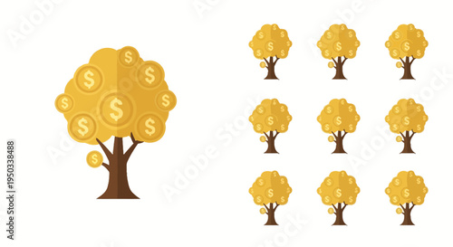Golden Money Tree with Coins and Multiple Growing Trees - Financial Growth Concept