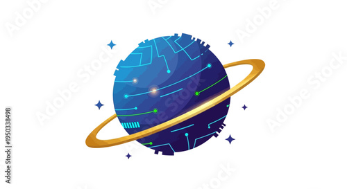 Futuristic Planet with Circuit Board Design and Golden Ring, Digital Art