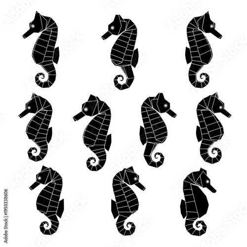 Seamless Pattern of Black Seahorses on White Background - Marine Life Illustration
