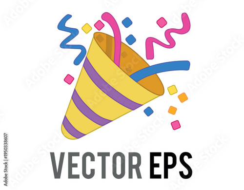 Exploding party popper flat icon with colorful confetti and streamers for celebration