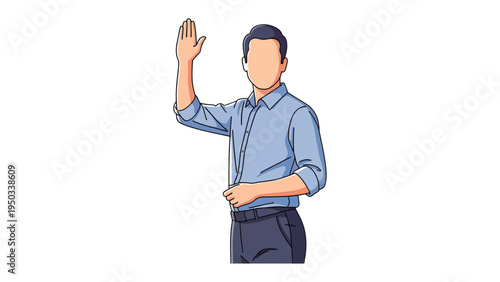 Hand Up Illustration: A person, with their arm raised in a gesture of greeting, promise, or allegiance. This image evokes feelings of respect and authority, symbolizing commitment and truth.