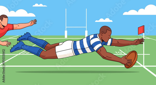 Rugby player diving to score a try in a match, close to the goal line.
