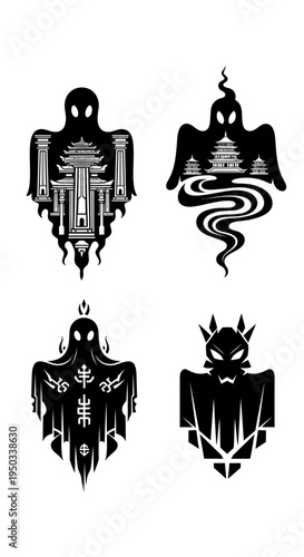 Set of 4 Black Ghost Icons with Architectural and Mystical Elements