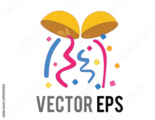 Golden party poppers flat icon exploding with colorful confetti and streamers for celebration