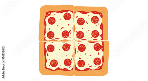 Square Pepperoni Pizza Slices, Top View, Isolated on White Background