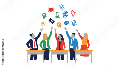 Academic Inspiration: A group of enthusiastic individuals reaching for education-related symbols that are hovering above desks, a metaphor for the pursuit of knowledge and learning.