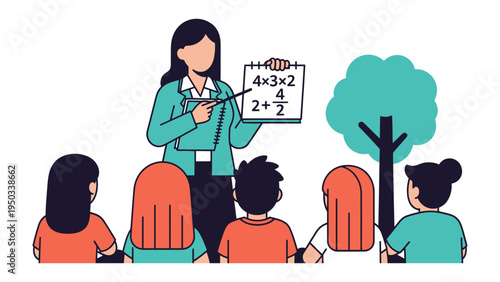Classroom Math Lesson: A teacher guides a lesson in front of a class of students. The illustration captures a moment of learning in a school environment.