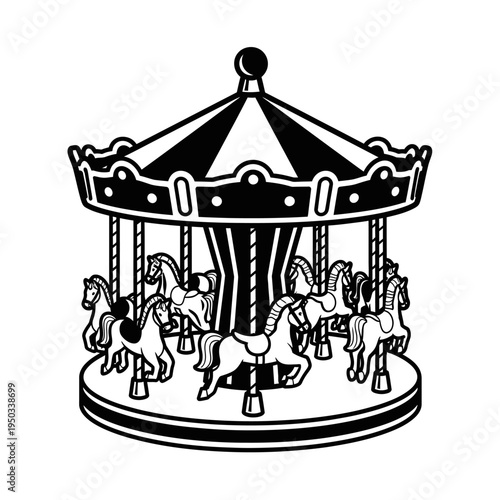 Vintage Carousel Horse Illustration - Black and White Line Art
