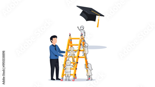 Reaching for Graduation: A graphic illustration depicts the journey to higher education, with figures assisting each other up a ladder toward a graduation cap. It symbolizes guidance, support.
