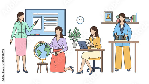 Diverse Roles of a Woman Educator: A set of illustrations showcasing a woman engaged in various educational activities, from lecturing and teaching to administrative tasks.