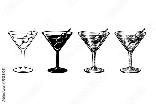 Set of four martini cocktail glasses with olives in various black and white graphic styles including outline, silhouette, woodcut engraving, and stippled halftone effect for bar and menu design.