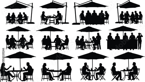 outdoor cafe people silhouette set, restaurant dining couples and groups under umbrella tables, social gathering lifestyle illustration collection