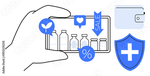 E-commerce, health services, secure transactions, discounts, digital shopping, healthcare protection. Hand holding a smartphone displaying medication bottles, shield, wallet and sales icons
