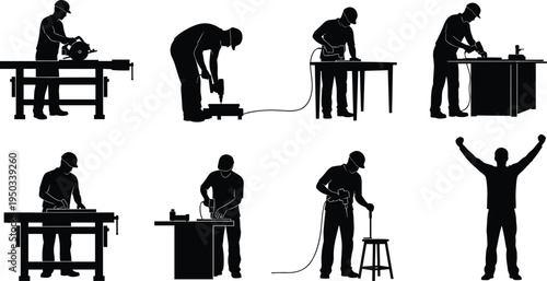 Carpenter and workshop worker silhouettes set, people cutting drilling sanding wood using power tools, woodworking industry vector illustration collection