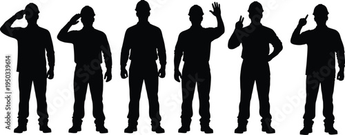 Construction workers silhouettes set, builders wearing safety helmets saluting waving pointing gestures, industrial labor team collection, black silhouette vector illustration isolated