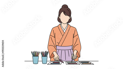 Artistic Creation: A woman in a traditional robe diligently engages in artistic creation, using tools. The scene evokes a sense of concentration and focused effort.
