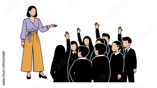 Classroom Engagement: A teacher captivating her students, fostering an environment of active participation. Students enthusiastically raise their hands.