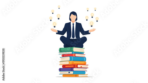 Knowledge Ignites Ideas: A visionary individual finds enlightenment atop a stack of knowledge, surrounded by a constellation of innovative ideas, illuminating the path to progress. 