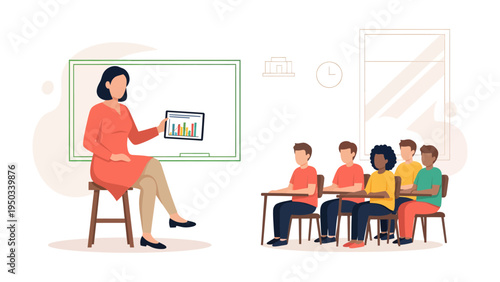 Teacher's Insight: A dedicated educator, seated with grace, elucidates a digital tablet presentation to a group of attentive students, fostering an environment of learning and enlightenment. 