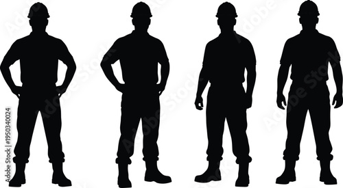 Construction workers silhouettes set, builders wearing safety helmets standing confident poses, industrial labor team concept, black silhouette vector illustration isolated