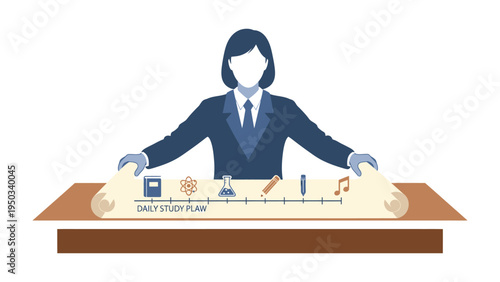 Study Plan Blueprint: A determined professional meticulously reviews a detailed study plan, symbolizing ambition and foresight in education and personal development.