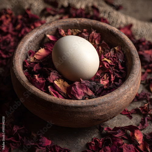 Close-up of a single egg resting on a bed of dried sunflower petals in a rustic terracotta bowl. - Image #1 @Ai content creator