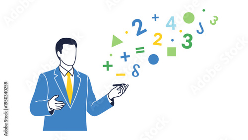 Abstract Mathematics Presentation: An educator in a tailored suit elegantly presents a vibrant array of abstract mathematical symbols, representing the core concepts of mathematics.