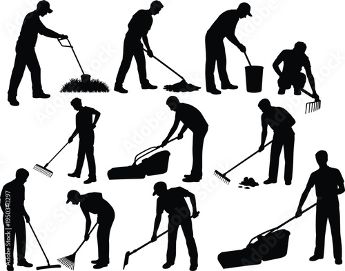 Garden maintenance worker silhouettes set, people mowing lawn raking leaves cleaning yard using tools, landscaping service black silhouette vector illustration collection