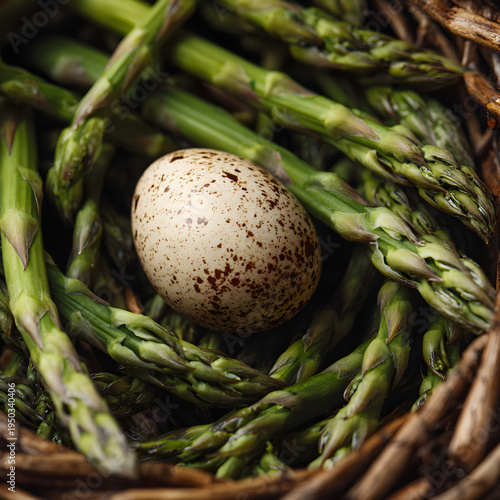 Close-up of a single egg resting on a bed of fresh spring asparagus in a garden basket. - Image #2 @Ai content creator