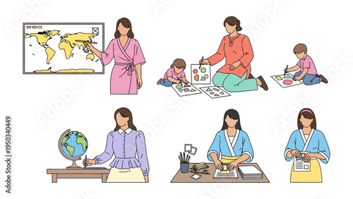 Education and Creativity: A collection of illustrations showcases educators engaged in diverse teaching activities, fostering a creative and educational environment for children.