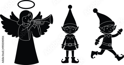 christmas angel and elf silhouette set, cute holiday characters playing trumpet and walking, festive winter cartoon illustration collection