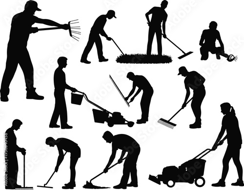 Garden workers silhouettes set, people raking leaves mowing lawn cleaning yard planting plants, landscaping maintenance service black silhouette vector illustration