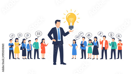 Illuminating Inspiration: A visionary leader, holding a radiant lightbulb, inspires a diverse audience, symbolizing the birth of innovation and the power of a shared idea.