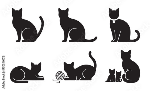 Black cat silhouette set with various poses including sitting lying and playing with kittens on white background
