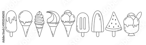 Ice Cream Editable Stroke Collection. Vector Summer Ice Lolly Line Art Set. Flavored Popsicle Doodle Outline. 